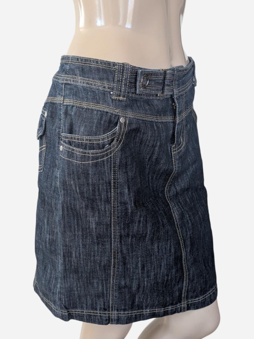 Point Zero Indigo Denim Midi Skirt with Contrast Stitching size 9